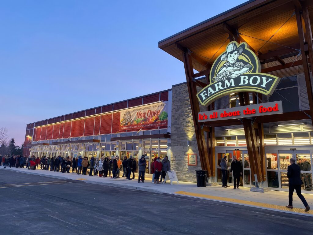 Customer line up outside new Farm Boy St. Catherine's store the opening day event managed by Swerve Strategic Marketing.