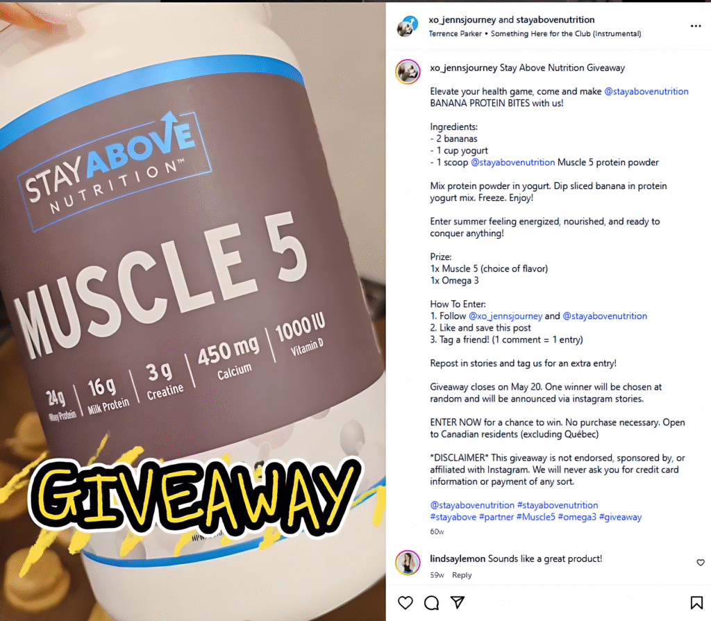 Muscle 5 influencer post. Recipie for Banana Protein Bites