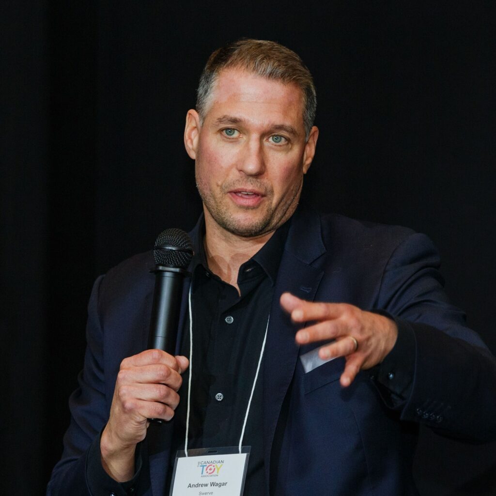 Andrew Wagar, President and CEO of Swerve Strategic Marketing, speaking at a Canadian Toy Association event