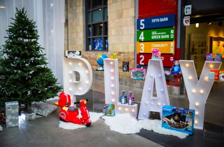 Light-up PLAY letters and the 2024 top holiday toys at Swerve's Let's Play Holiday showcase at Wychwood Barns, Toronto